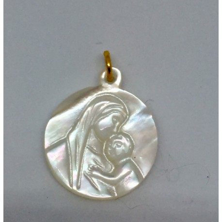 Médaille vierge à l'enfant en nacre blanche 1,5 cm